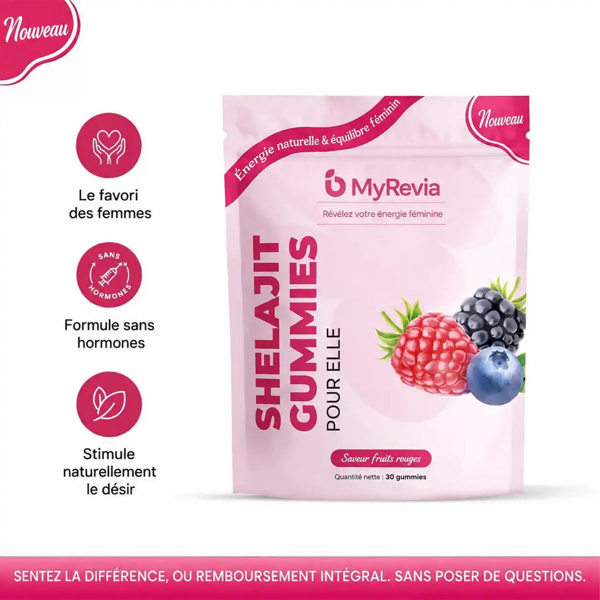 Sachet MYREVIA Shelajit Gummies pour elle, goût fruits rouges, 30 gummies
